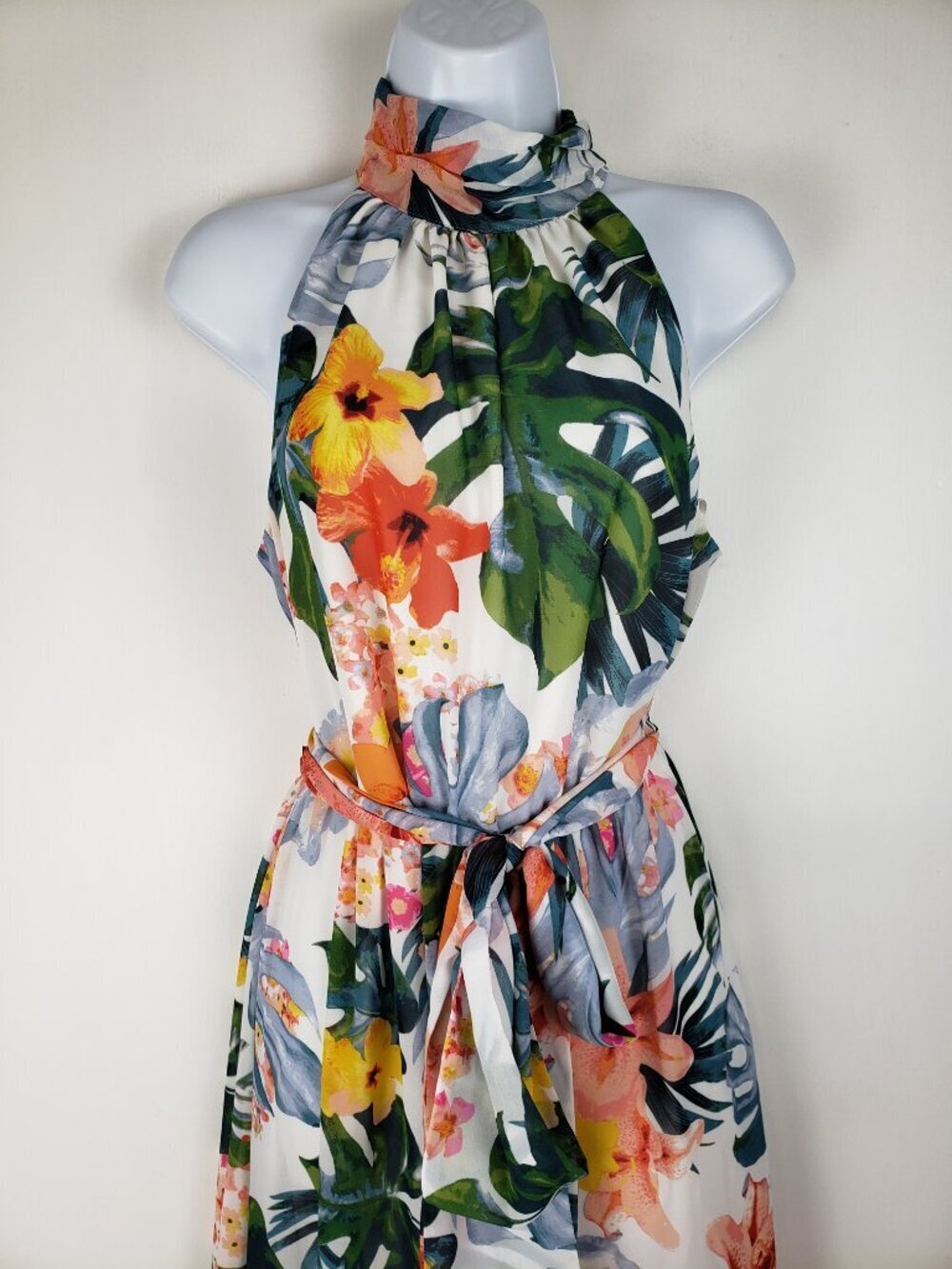 Eliza J Halter Blouson Midi Dress Multicolor White Floral Flounce Womens 8 - Picture 3 of 9